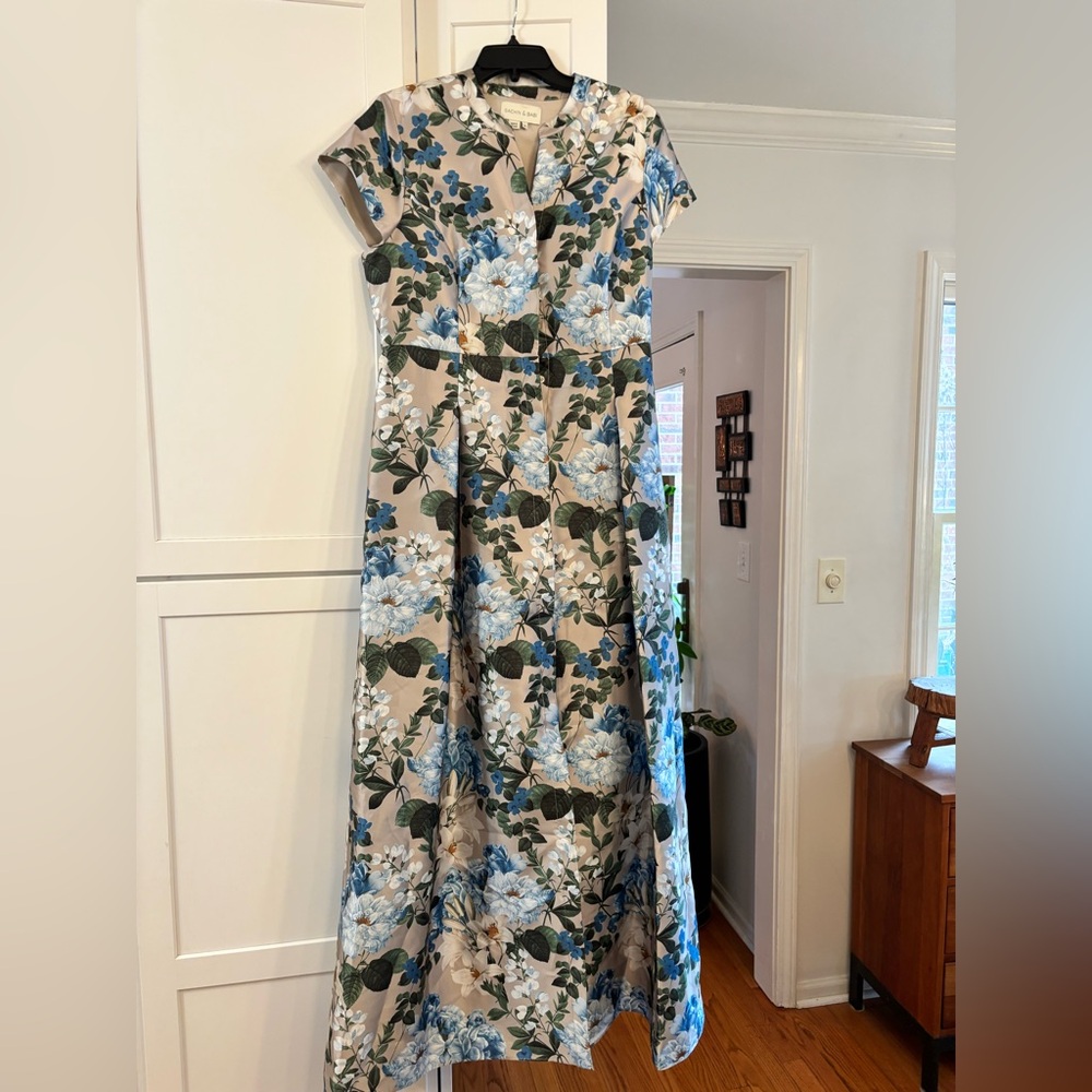 Sachin + Babi Cream Maxi Dress with Blue Floral Print and Green Leaves - Picture 4 of 9
